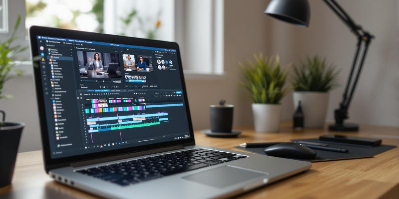 Laptop on a wooden desk displaying a video editing program with colorful timelines and project footage.